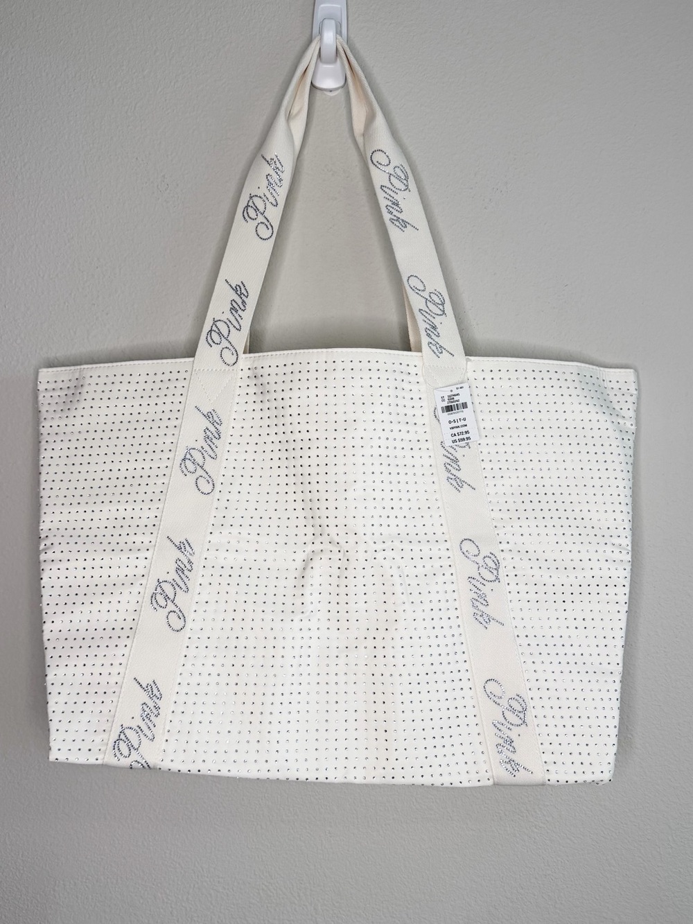 PINK Victoria's Secret Cream Rhinestone Tote with Logo Strap Handles